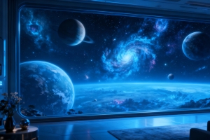科幻 太空舱 客厅 星空 星球 落地窗 赛博朋克4k电脑壁纸