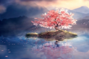 4k 孤独的树 红色树叶 唯美 湖水 落叶 中央 倒影 山 风景 电脑 壁纸