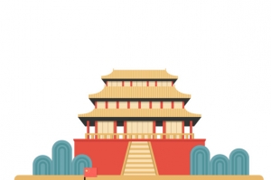一座手绘的中国古建筑