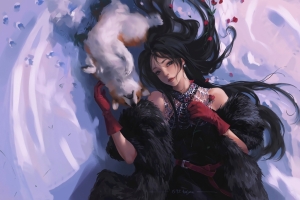 冬天 女孩子 黑色皮草 手套 小狗 唯美插画4k动漫壁纸