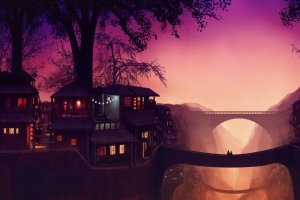 幻想艺术 树 房屋 雾 太阳 桥 唯美梦幻风景4k壁纸