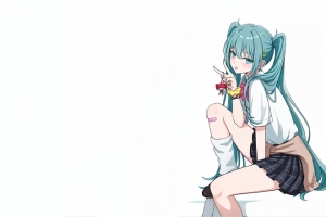 初音未来 双马尾 白色背景 3440x1440带鱼屏壁纸