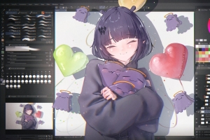 动漫女孩 刘海 微笑 闭眼 可爱表情 草图 Photoshop 绘画4k壁纸