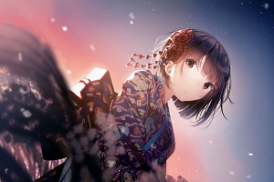 女孩 和服 花 一瞥 动漫 4k壁纸 3840x2160