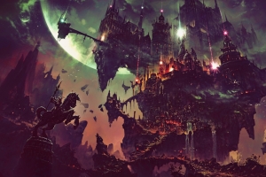 黑夜 科幻 幻想艺术 星球 城堡 建筑 4k壁纸