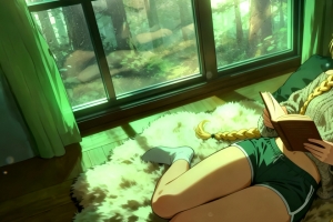 舒适的读者动漫女孩 4K带鱼屏壁纸3440x1440免费下载