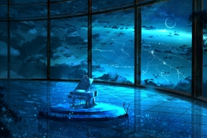 月影 风景 星空 钢琴 透过玻璃 空间 4k动漫壁纸