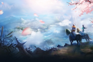 玄幻武侠山顶骑马情侣海报背景