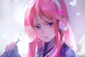 粉色头发 女生 女式耳机 dcchris插画4k壁纸