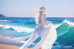 海边 女孩 蒙眼 仙气 4K壁纸