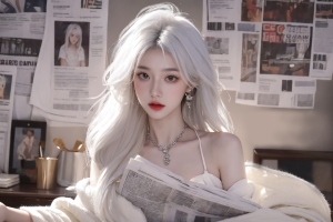 报纸墙 白色长发美女 高清好看动漫4K电脑壁纸