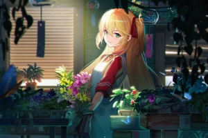 金发女孩,花,4k动漫壁纸