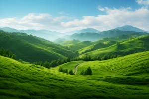 绿色草地 山丘 蓝天白云 远山青山 4K风景壁纸