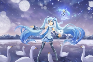 冬天,雪花,湖,天鹅,女孩,围巾,vocaloid,4K动漫壁纸