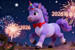 2026马年快乐 紫色小马儿 独角兽 夜晚烟花背景4K壁纸图片