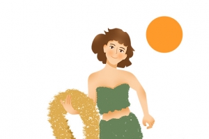 手绘，夏日海滩，旅游戏水，女孩插画