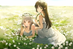 姐妹 女孩子 花冠 百合 花海 4k动漫壁纸