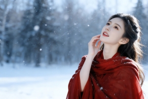 冬季雪景红色衣服美女 横屏车机壁纸超清4k