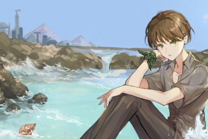 男孩 精灵 一瞥 大海 海浪 动漫 艺术 卡通 4k壁纸 3840x2160