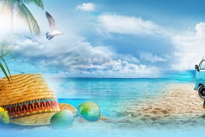 夏季海边自驾游景色梦幻蓝色背景