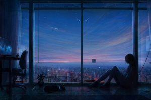 晚上 女孩 猫 飘窗 星星 月亮 4k动漫壁纸