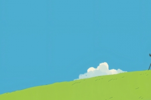 蓝色绿草地 画板 伞 简约风景3440x1440带鱼屏壁纸