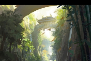 动漫场景动物河流竹林