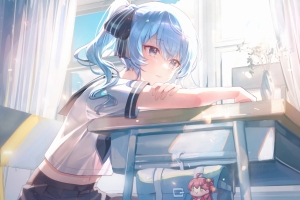 动漫女孩,水手服,蓝色头发,蓝色眼睛,马尾辫,桌子,坐着,4k壁纸