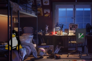 复古电竞卧室企鹅游戏风3440x1440带鱼屏4K高清壁纸免费下载