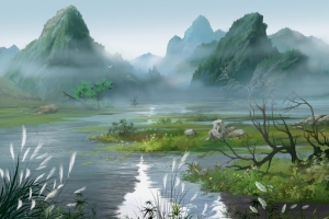青山绿色草地插画