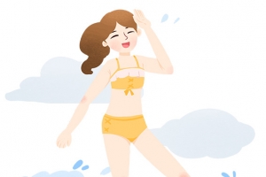 手绘夏日海滩旅游戏水女孩插画