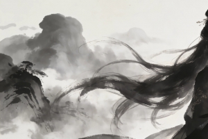 黑色古风服美女 扇子 水墨风3440x1440带鱼屏壁纸免费