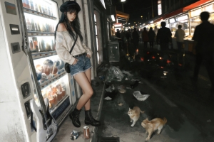 美食街动漫女孩戴帽子与猫车机专用2880x1800高清壁纸免费下载