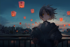 好年 新年 孔明灯 女孩 4k动漫壁纸