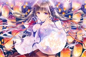 女生校服 紫色眼睛 长发 连裤袜 蝴蝶结 球 4k动漫壁纸