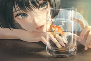 动漫女孩短发 桌子 玻璃杯 金鱼 5K壁纸