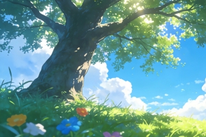 蓝天白云 大树 绿草地 鲜花 3440x1440带鱼屏风景壁纸