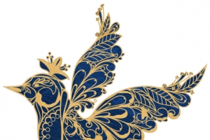 中式金色描边蓝色吉祥鸟飞翔