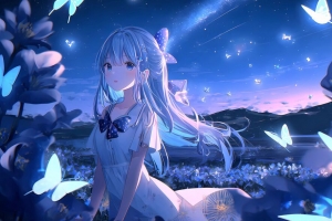 女孩 蝴蝶 夜晚 动漫 4k壁纸 3840x2160