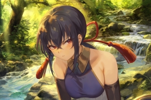 女孩 森林 小溪流水 2k手机壁纸