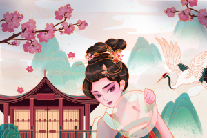 国潮 汉服女子 手绘 亭台 阁楼 祥云山