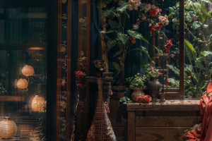 古风美女 扇子 红色裙子 室内 绿色植物 鲜花 3440x1440带鱼屏壁纸