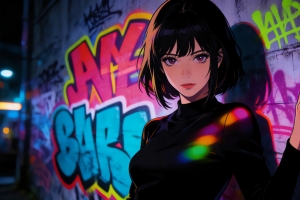 涂鸦墙前黑色衣服气质短发美女4K动漫高清壁纸3840x2160免费下载