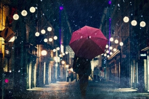 剪影 雨伞 夜城 雨 街道 城市灯光 4k壁纸 3840x2160