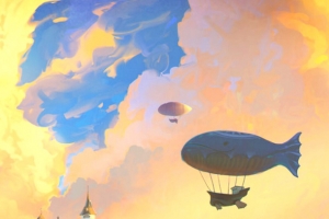 卡通天空飞艇城堡