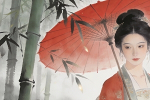 古风美女撑红伞漫步竹林 水墨风4K动漫带鱼屏壁纸3440x1440免费下载