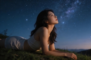 趴在草地上看星空的美女4k壁纸