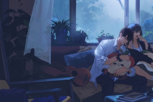 动漫男孩 女孩 打哈欠 客厅 窗 3440x1440带鱼屏壁纸