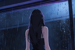 赛博朋克雨天房间长发美女背影望向窗外 4K竖屏手机高清壁纸2160x3840免费下载