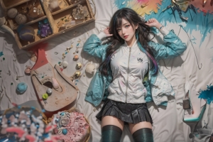 AI绘画 个性动漫美女 蓝色外套 黑色百褶裙 涂料 4k壁纸